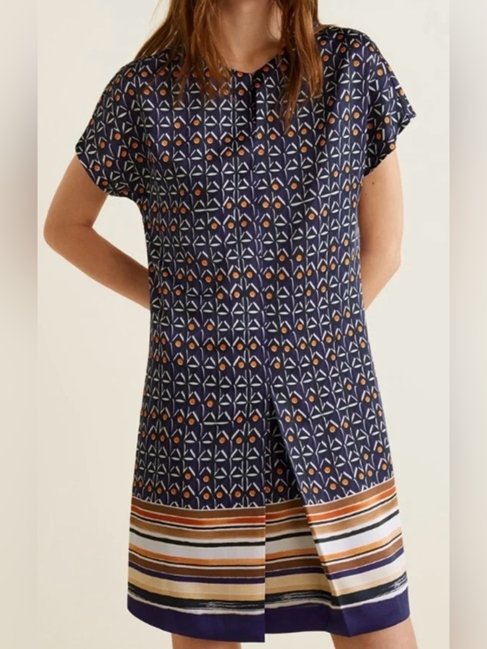 Mango Navy Geometric Tunic with Orange and Cream Accents